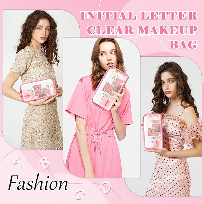 Personalized Initial Letter Clear Makeup Bag,Preppy Small Nylon&PVC Cosmetic Zipper Bag with Chenille Letter,Portable Beach Travel Skincare Toiletry Bag,Trendy Monogram Gift for Teen Girls Women,F