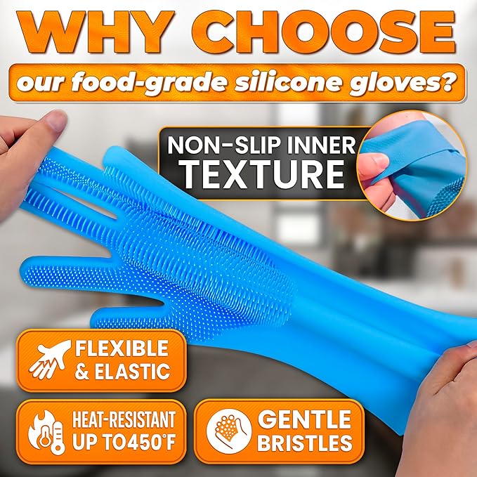 RZleticc Silicone Dish Gloves with Scrubbers – Thick Tear-Resistant Cat & Dog Washing Gloves for Bathing – Multi-Purpose Use