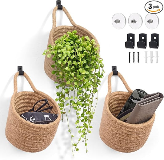 Fabric Wall Hanging Baskets - 3Pack Woven Pouchs Boho Style Wall Mounted Bag with Adhesive Hooks, Storage Organizers and Decoration Pocket Caddy Bins on Door Rack (Linen & Black, Large)