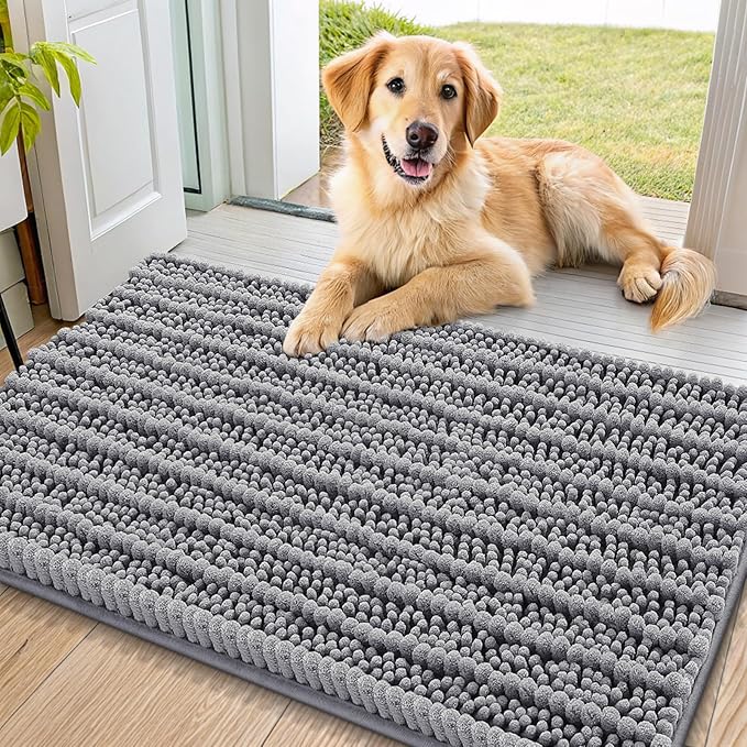 Smiry Dog Door Mat for Muddy Paws 40x24, Extra Soft Absorbent Chenille Doormat, Trap Moisture and Dirt, Non-Slip Machine Washable Front Door Mat for Indoor Entrance Inside Floor, Grey