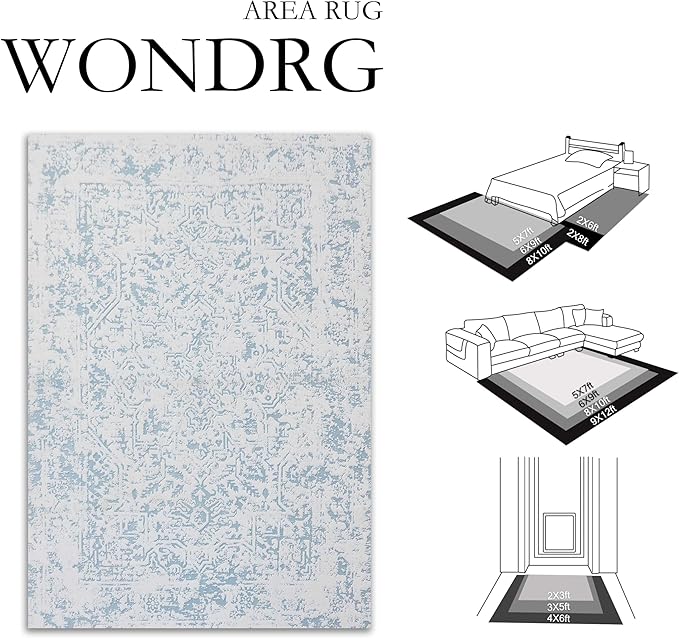 6x9 Fluffy Area Rug Blue Shag Neutral Carpet for Living Room Soft Medium Pile Floral Rug for Bedroom Dorm Office Dining Room Kitchen Nursery Modern Decor