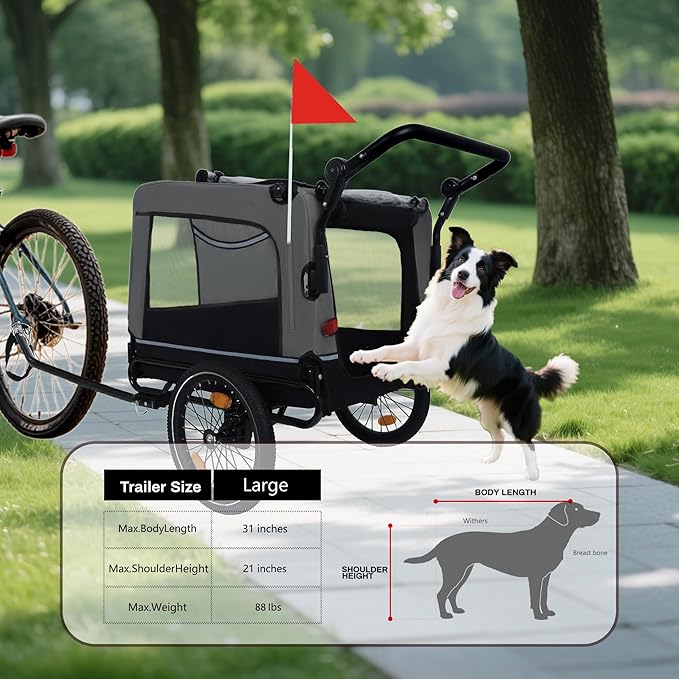 Extra Large 2-in-1 Bike Trailer & Push Cart for Pets - Detachable Bike Hitch & Push Handle Included - All-Terrain Wheels Quick Release, Non-Slip Floor, Internal Leash, Up to 88 lbs