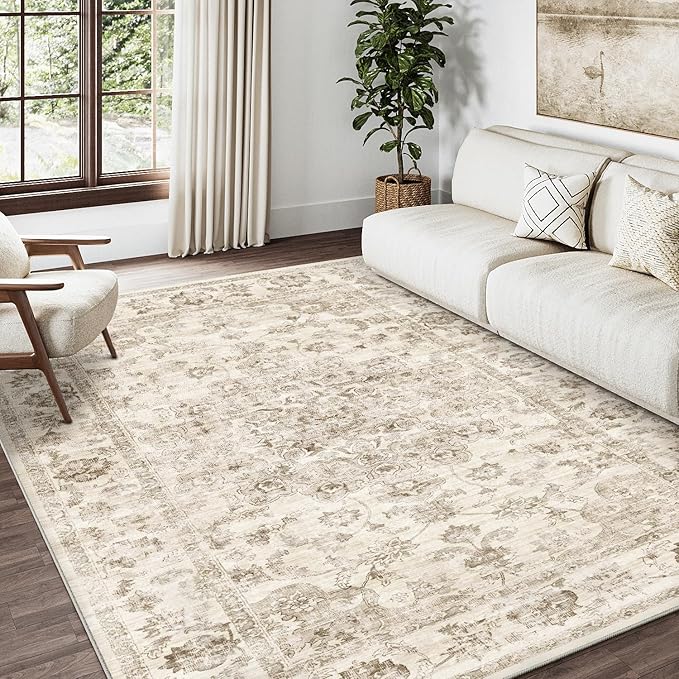 4x5 Washable Neutral Area Rug Beige Vintage Entryway Office Carpet Non-Slip Soft Low Pile Farmhouse Indoor Throw Rug for Living Room Bathroom Dining Room