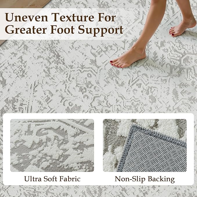 6x9 Fluffy Area Rug Grey Shag Neutral Carpet for Living Room Soft Medium Pile Floral Rug for Bedroom Dorm Office Dining Room Kitchen Nursery Modern Decor