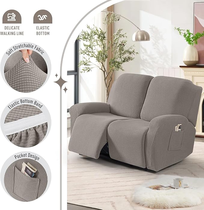 TAOCOCO Recliner Loveseat Slipcover, 6 Pieces Dual Recliner Sofa Covers for 2 Seat Dual Reclining Loveseat Couch, Stretch Soft Jacquard Pattern Furniture Protector with Elasticity (Pale Brown)