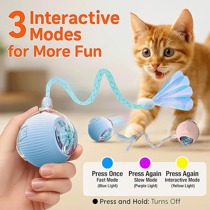 Lila Layers 2-Pack Interactive Cat Ball Toys – Pink & Blue Combo – Automatic Rolling Balls with Long Tail & Feather, 3-Modes & USB Rechargeable for Indoor Cats