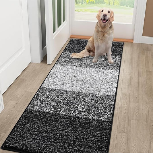 Smiry Dog Door Mat for Muddy Paws, Absorbs Moisture and Dirt, Low-Profile Entryway Mat with Non-Slip Backing, Entry Indoor Outdoor Doormat for Inside Floor (48x32 Inches, Black, Striped)