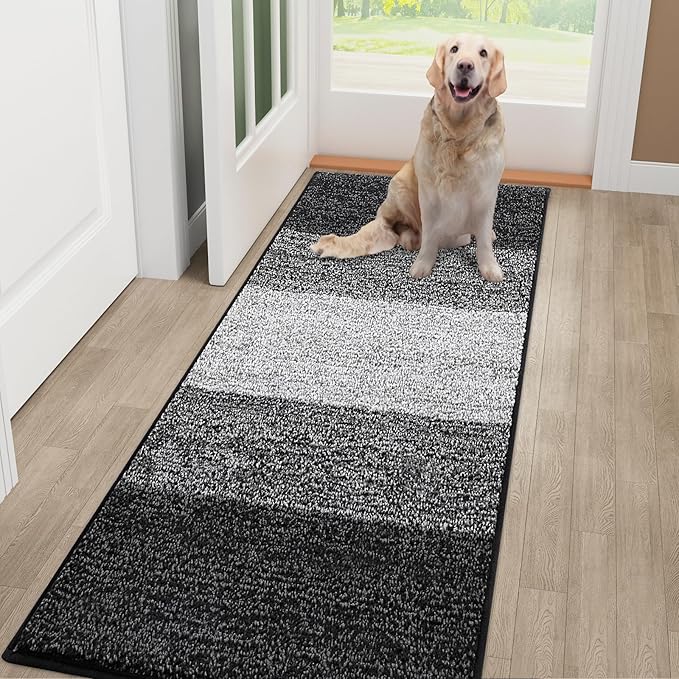 Smiry Dog Door Mat for Muddy Paws, Absorbs Moisture and Dirt, Low-Profile Entryway Mat with Non-Slip Backing, Entry Indoor Outdoor Doormat for Inside Floor (48x30 Inches, Black, Striped)