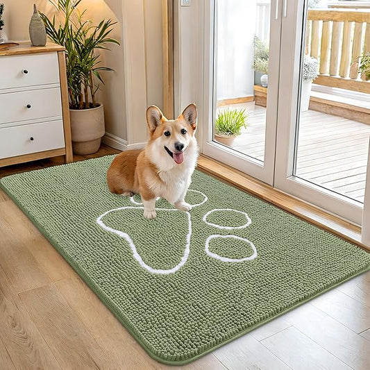 OLANLY Dog Door Mat for Muddy Paws 45x27, Paw Print Design, Absorbs Moisture and Dirt, Non-Slip Washable Doormat, Quick Dry Chenille Mud Mat for Dogs, Entry Indoor Entryway Carpet, Sage Green