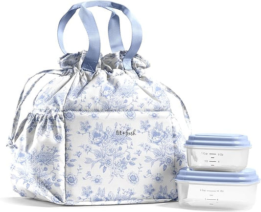 Fit & Fresh Cromwell Drawstring Lunch Bag for Women, Complete Lunch Set with 2 Containers, Stain-Resistant, Leak-Resistant, Back to School Essential, Teacher Lunchbox, Cornflower Floral Toile