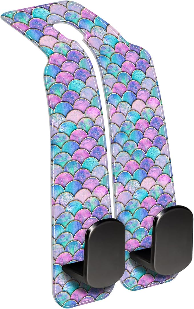 AEWNUNK Car Headrest Purse Hanger Watercolor Mermaid Fish Scale 1 Pack Bag Purse Holder for Car Premium Leather Double Metal Hook for Handbags, Grocery Bags and Phones