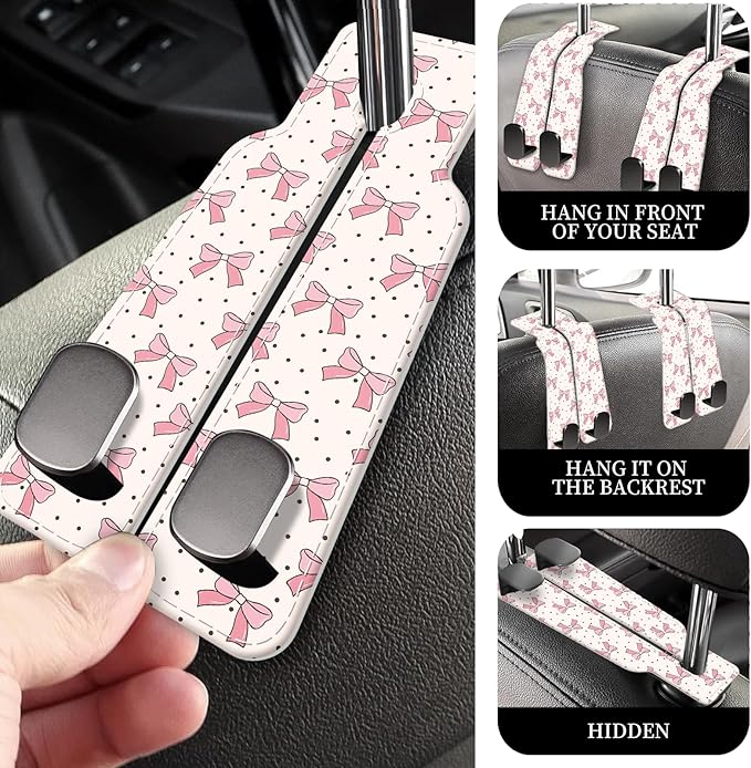 PU Leather Car Seat Hook, Storage Headrest Hanger, Cute Car Backseat Organizer, Car Hooks For Purses and Bags Pink Bow Pattern