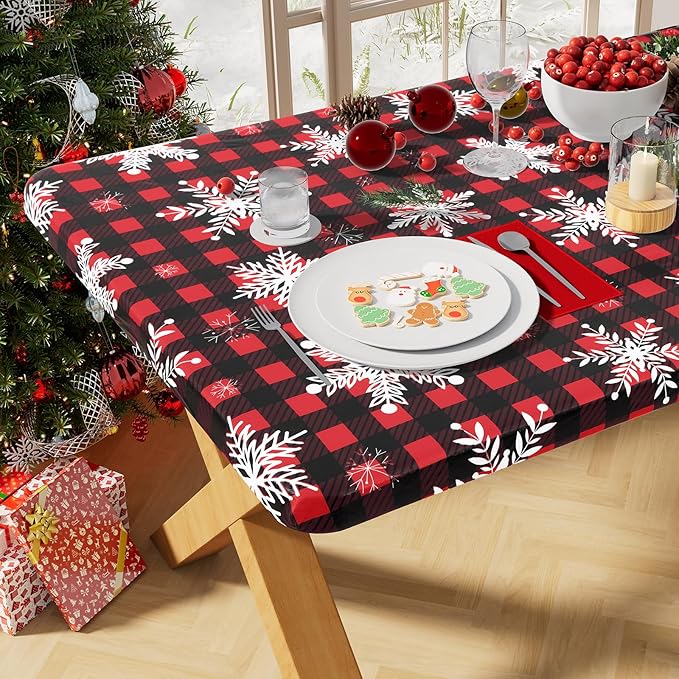 misaya Rectangle Vinyl Tablecloth, Fitted Table Cover, Waterproof, Elastic Edge, Flannel Backing, Plastic Table Cloth Fit 6 Foot Folding Tables for Christmas Dinner (Buffalo Snowflakes, 30x72 inch)