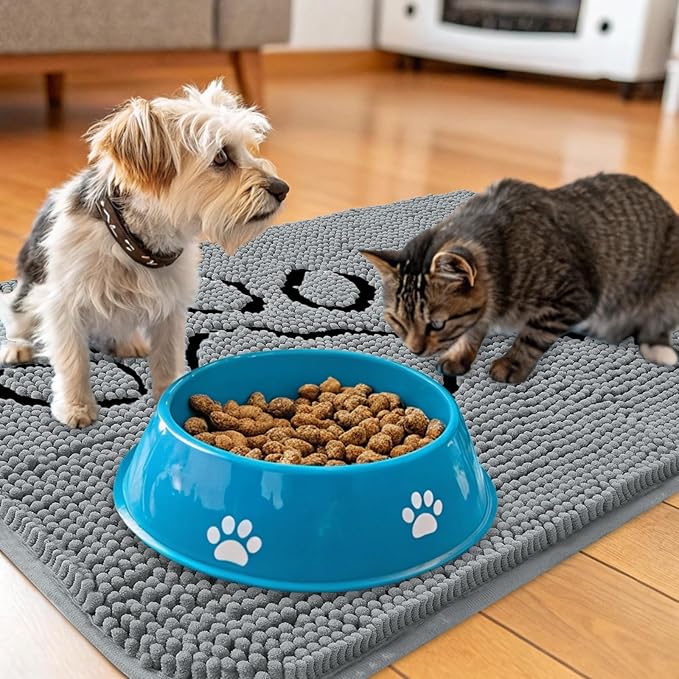 OLANLY Dog Door Mat for Muddy Paws 32x20, Double Paw Print Design, Absorbs Moisture and Dirt, Absorbent Non-Slip Washable Doormat, Quick Dry Chenille Mud Mat for Dogs, Indoor Entryway Carpet, Grey