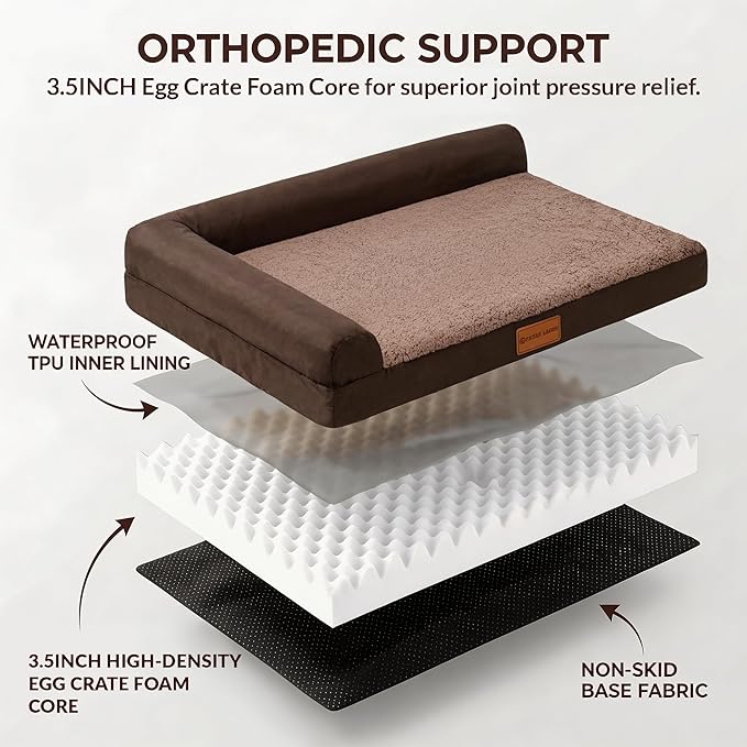 Patas Lague Orthopedic Dog Bed Large Sized Dog 36''X24'', Waterproof L Bolster Medium Pet Sofa Beds with Removable Washable Cover, Soft Pet Couch Crate Mat with Nonskid Bottom, Brown