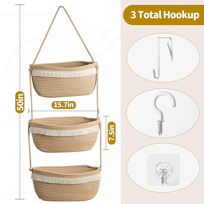 Over The Door Organizer Hanging Basket for Nursery Decor Stuffed Animal Storage Baskets Boho Wall Decor Basket for Bathroom Bedroom Playroom - Beige