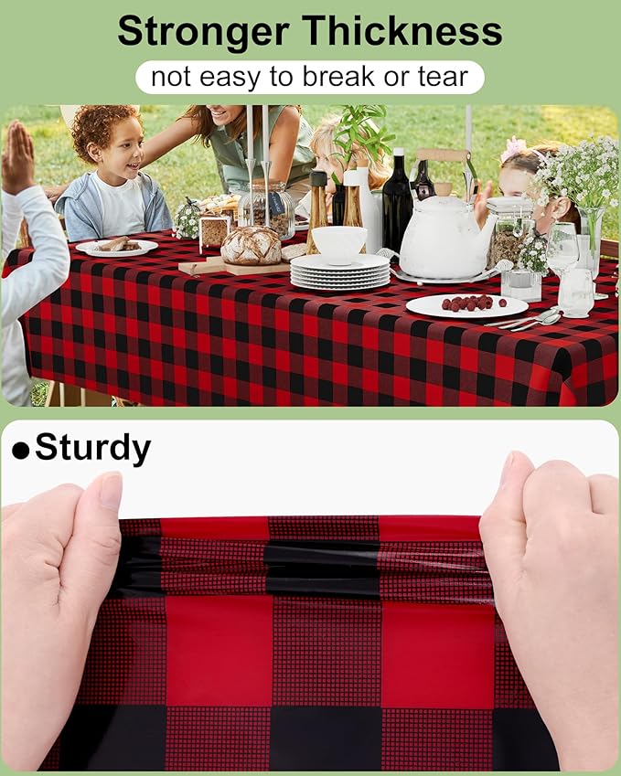 Smiry 20 Packs Gingham Disposable Table Cloth, 54 x 108 Inch Waterproof Plastic Tablecloth, Rectangle Black and Red Checkered Table Covers for Picnic, Birthday, Party