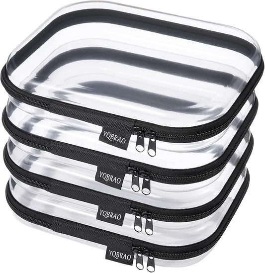 YQBRAO 4-Pack Clear Diaper Bag Organizer Pouches, 1.2mm Ultra-Thick PET Travel Pouches for Toiletries & Makeup, Rigid Self-Standing Bags with YKK Zippers, TSA Approved (Black)