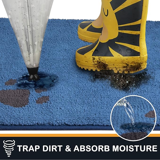 PURRUGS Dirt Trapping Door Mat 20" x 31.5", Non-Skid/Slip Machine Washable Microfiber Entrance Rug, Shoes Scraper, Dog Doormat, Super Absorbent Floor Mat for Muddy Wet Shoes and Paws, Blue