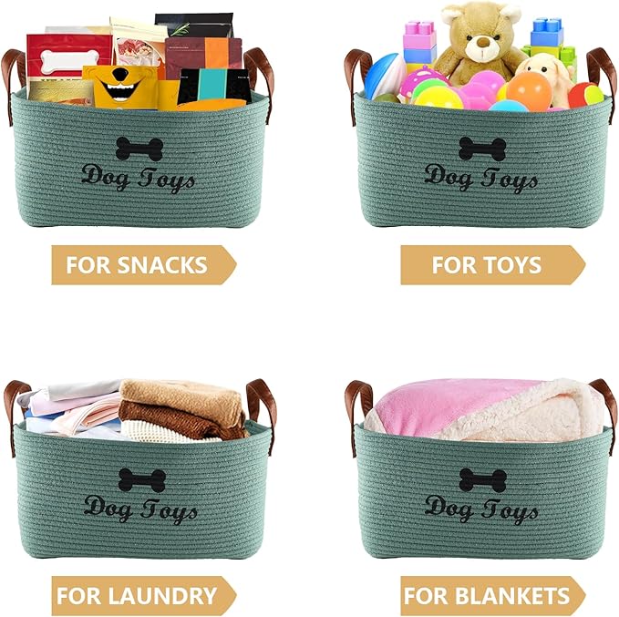 Large Cotton Rope Dog Toy Basket Storage,16.5"x10.6"x 7.5" Dog Toy bin,Puppy toy basket,-Perfect for organizing pet toys,blankets,leashes,pee- mats and diapers-Green