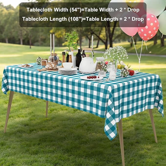 Smiry 20 Packs Gingham Disposable Table Cloth, 54 x 108 Inch Waterproof Plastic Tablecloth, Rectangle Turquoise and White Checkered Table Covers for Picnic, Birthday, Party