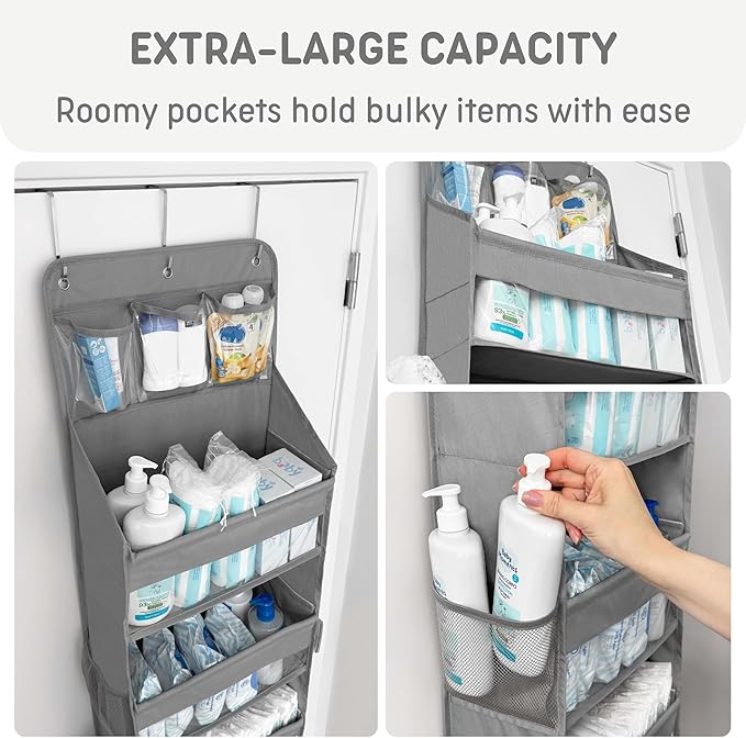 Over The Door Organizer Hanging with 5 Large & 6 Side Pockets 5 Tier Behind Door Storage 50 lbs for Closet, Nursery, Bathroom Door Organizer, 1 Pack, Grey