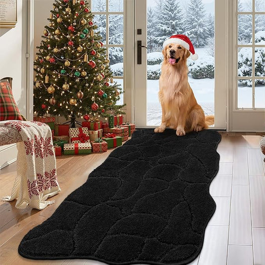 Large Dog Door Mat for Muddy Paws, 24x59 Absorbent Dirt Trapper Long Door Mat, Non-Slip Washable Mud Mat for Dogs, Polyester Microfiber Soft Pet Rug Mat for Entryway, Mud Dog Paws, Patio (Black)