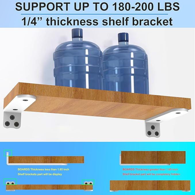 Eurydice Heavy Duty Floating Shelf Brackets, 1/4 inch Thick L Brackets, (8 In 6 Pack White), Holds 200 lb, Rounded Arc Edge, One-Piece, 3 Hole Mounting For Wood Shelves in Kitchen, Garage, Office, DIY