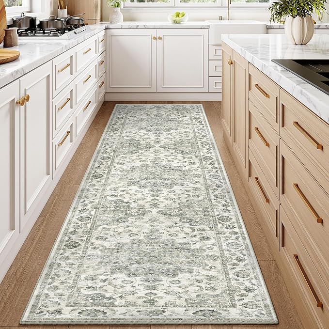 2x8 Washable Neutral Runner Rug Green Vintage Hallway Kitchen Carpet Non-Slip Soft Low Pile Farmhouse Throw Rug for Bedroom Bathroom Laundry Living Room