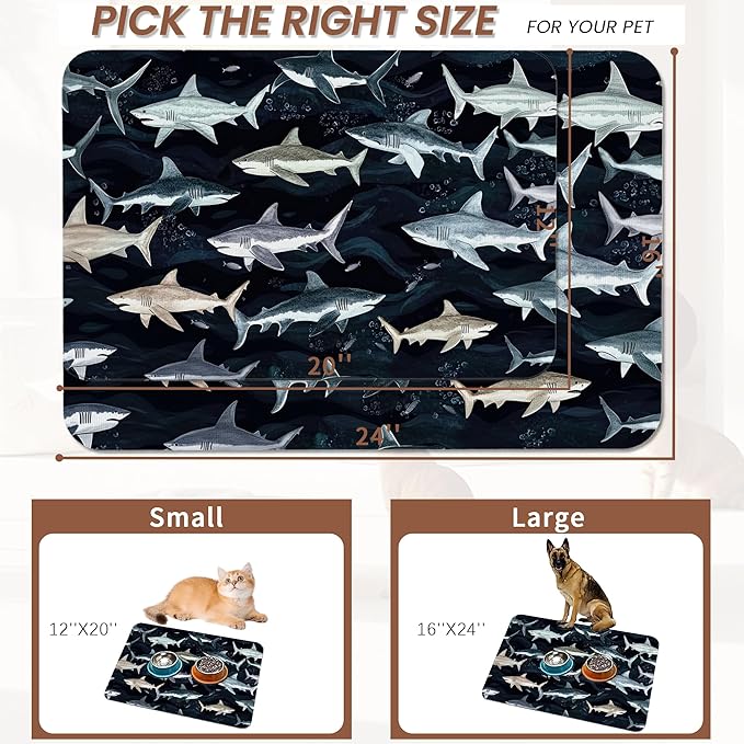 Cute Shark Dog Cat Food Mat,Absorbent Pet Feeding Mat with Rubber Backing,Non-Slip Water Bowl Placemat,Indoor Pet Accessories Supplies 12"x20"