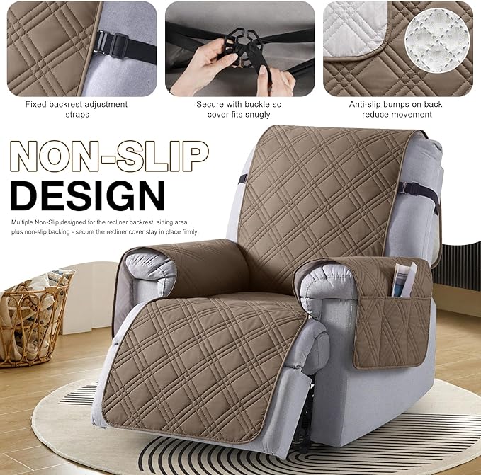 TAOCOCO 100% Waterproof Recliner Chair Cover, Non Slip Recliner Covers for Recliner Chair with Pocket, Washable Reclining Chair Cover Furniture Protector for Kids, Pets(23.6'', Taupe)