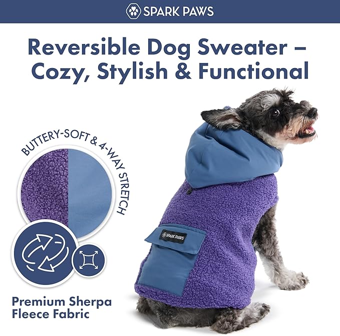 Spark Paws Reversible Dog Sweater, Sherpa Jacket Vest with Warm Fleece Lining, Warm Coat for Winter, Suitable for Small Medium, Large, XL XXL Dogs - Purple and Navy Blue - 2XL