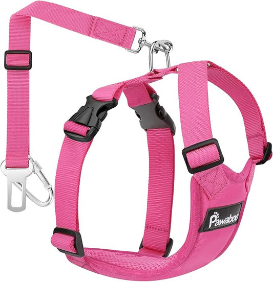 Pawaboo Dog Safety Vest Harness, Pet Car Harness Vehicle Seat Belt with Adjustable Strap and Buckle Clip, Easy Control for Driving Traveling Safety for Small Medium Dogs Cats, Large, Rose Red