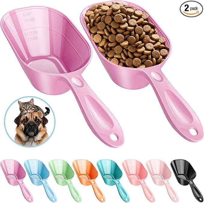 Fenenik Pet Food Scoop 2 Pack, Dog Cup Capacity Cat Food Scooper With Measuring Lines For Dog, Puppy and Cat Coffee Bean, Flour Scoop Purple