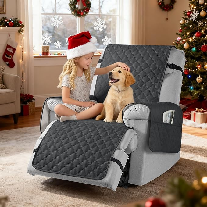 TAOCOCO 100% Waterproof Recliner Chair Cover Non-Slip Reclining Cover for Recliner Chair Washable Chair Cover with Elastic Straps for Pets Sofa Slipcover with Pocket (Oversized 28'', Charcoal Gray)