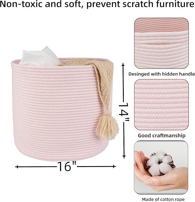 XUANGUO Cotton Rope Basket For Girls Kids 16”X14” Baby Laundry Baskets Nursery Bin Round Woven Basket Organizer For Storage Toys Blankets Shoes Clothes pink
