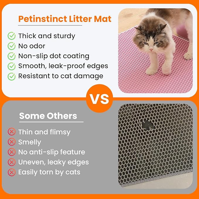 Petinstinct Jumbo Cat Litter Mat, 46x26 Inches Double Layer Honeycomb Litter Trapping Mat, Non Slip Waterproof Urine Proof Extra Large Cat Litter Box Mat, Kitten Supplies and Essentials, XXL, Pink