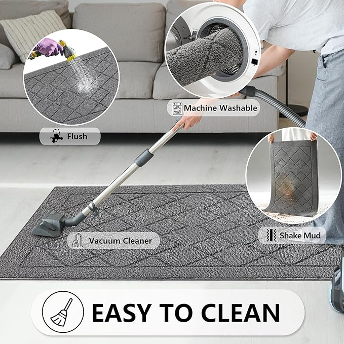 REFETONE Indoor Doormat, Front Back Door Mat 32"x40" Rubber Backing Non Slip Mats, Absorbent Washable Entrance Doormat for Entryway, Resist Dirt Low-Profile Inside Floor Mat for Muddy Shoes, Grey