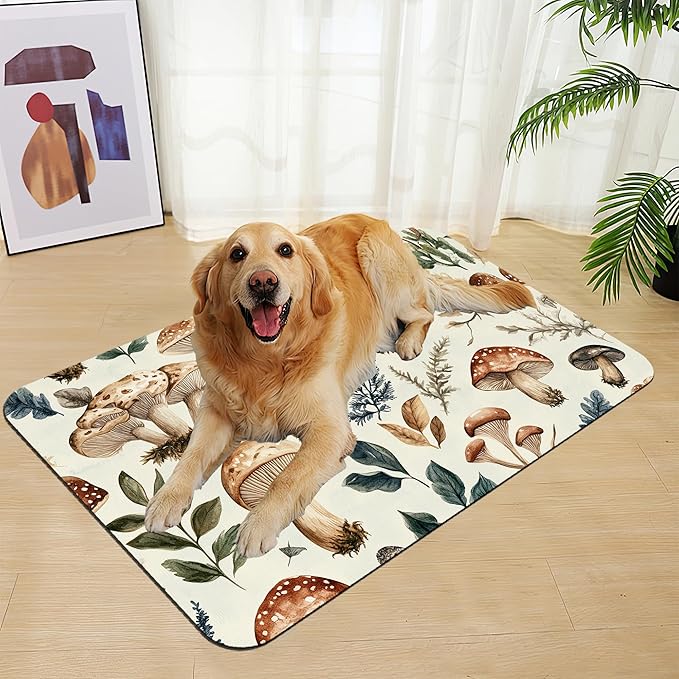 Vintage Mushroom Floral Dog Cat Food Mat–Absorbent Waterproof Placemat for Food and Water Bowls, Non Slip Rubber Backing, Feeding Mat for Clean Floors 12"x20"