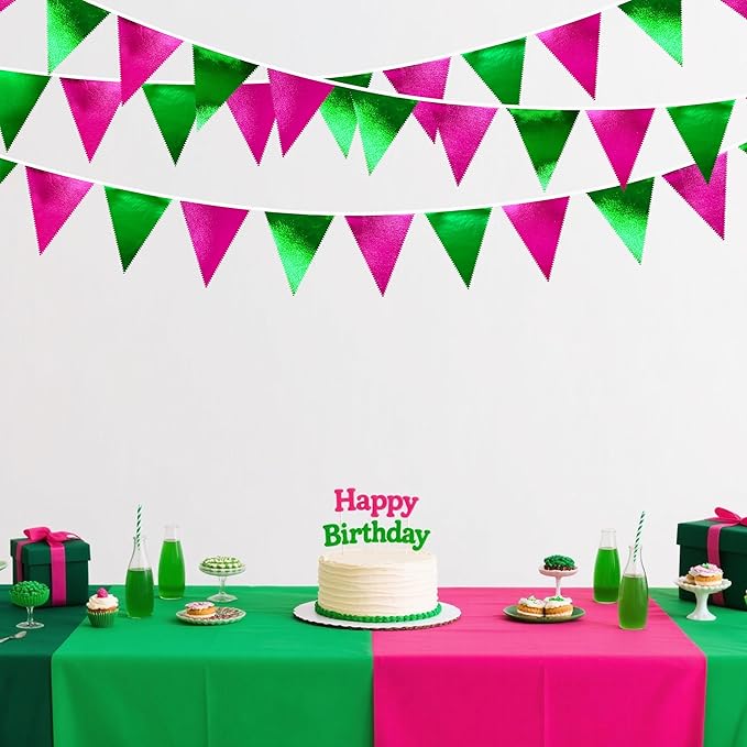 Pink and Green Party Decorations Metallic Hot Pink Light Green Fabric Triangle Pennant Banner Flag Bunting Garland for Witches Theme Birthday Wedding Baby Shower Engagement Bachelorette Party Supplies