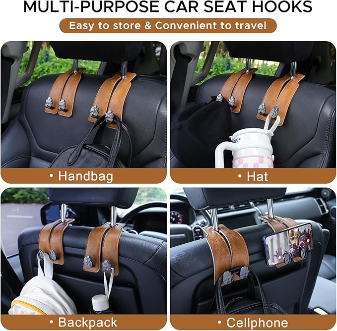 4 PCS Leather Car Seat Hooks for Headrest, Vehicle Hanger Storage Organizer Universal for Handbag Purse, Car Accessories Gift (Brown-Black-4 PCS)
