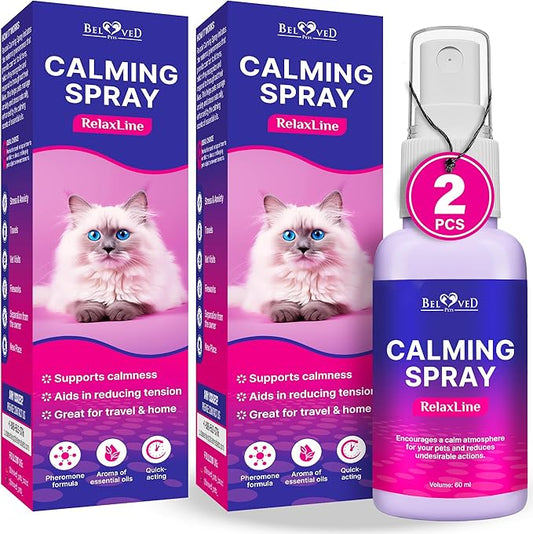 Calming Pheromone Spray & Scratch Repellent for Cats - Reduces Scratching Furniture, Pee - During Travel, Fireworks, Thunder, Vet Zone - Helps with Stress, Fighting, Hiding (60 ml (2 pack))