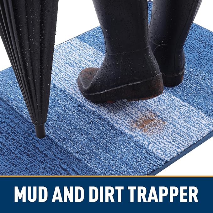 Smiry Dog Door Mat for Muddy Paws, Absorbs Moisture and Dirt, Low-Profile Entryway Mat with Non-Slip Backing, Entry Indoor Outdoor Doormat for Inside Floor (47x20 Inches, Navy Blue, Striped)