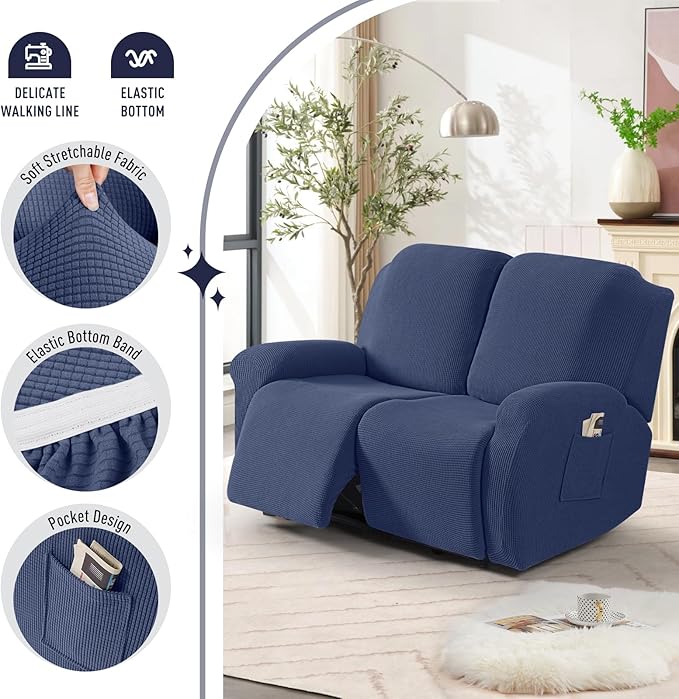 TAOCOCO Recliner Loveseat Slipcover, 6 Pieces Dual Recliner Sofa Covers for 2 Seat Dual Reclining Loveseat Couch, Stretch Soft Jacquard Pattern Furniture Protector with Elasticity (Navy Blue)