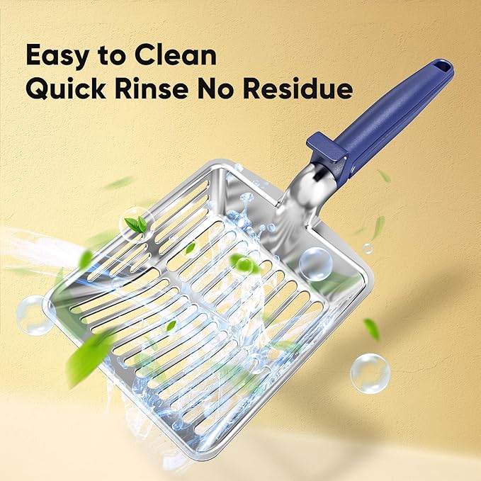 KooMooM Metal Cat Litter Scoop, Large Cat Scooper with Deep Shovel & Dual Sifting Holes for Fast & Precise Sifting, Space Aluminum Kitty Litter Scooper with Long Handle & Easy-to-Hang Hook - Blue