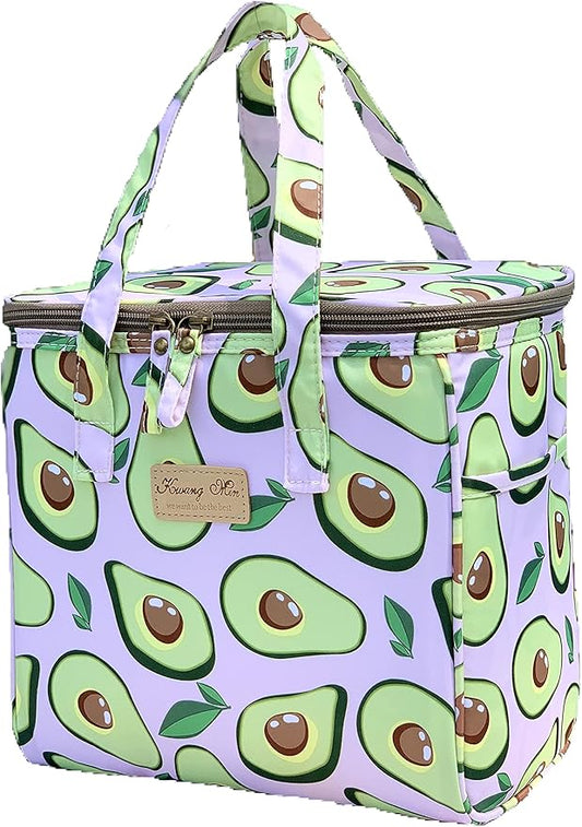 Kwang Min Avocado Insulated Lunch Bag for Women,Reusable Lunch Box,Large Cooler for Office,Picnic Outdoors,Premium Durable Fabric,Light,Ideal Summer Bag (Avocado Pink)