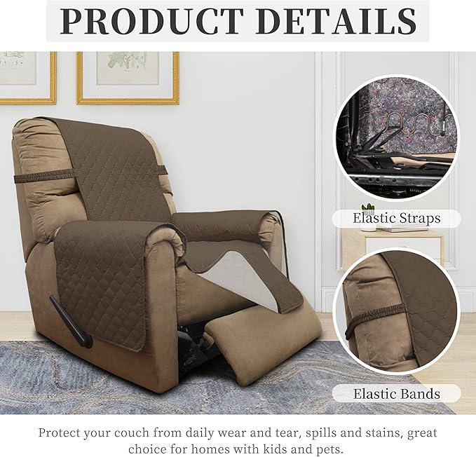 ISSUNTEX Double Protection 100% Waterproof Recliner Covers for Living Room, Reversible Furniture Protector Recliner Couch Sofa Slipcover for Dogs, Pets, Kids (Recliner, Camel/Ivory)
