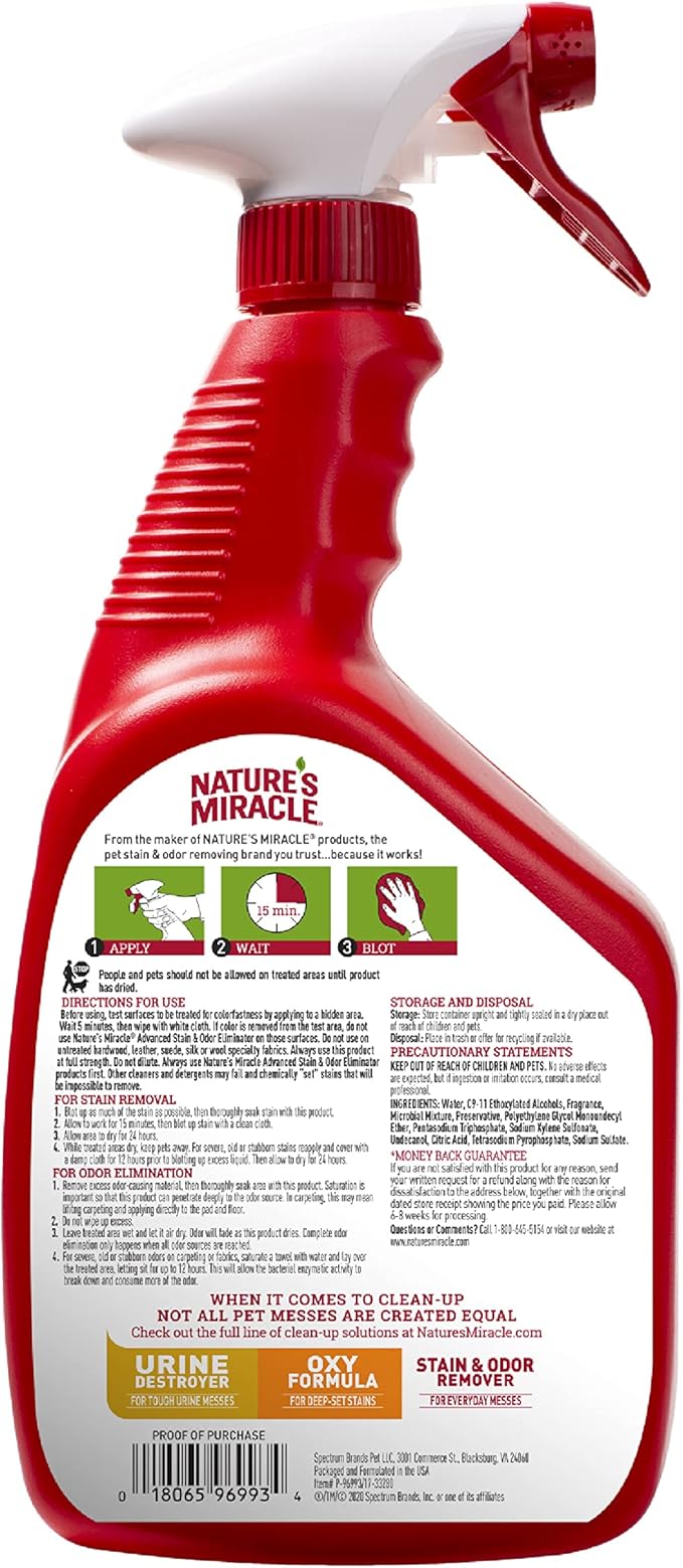 Nature's Miracle Advanced Cat Stain and Odor Eliminator Spray, Severe Mess Enzymatic Formula, Sunny Lemon Scent, 32 fl oz