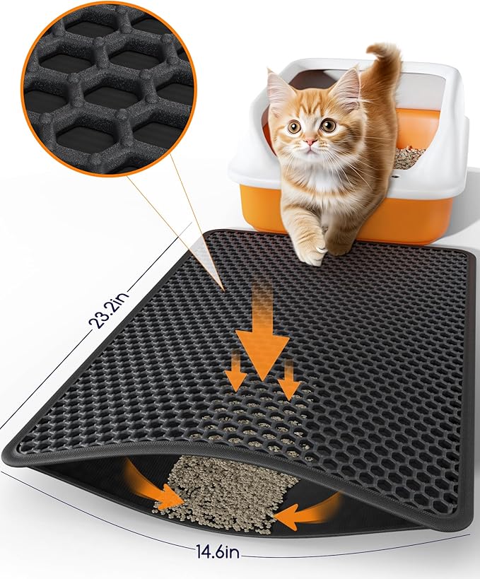 Cat Litter Mat - 23.2" x 14.6" Small Litter Box Mat with Double Layers, Urine-Proof and Non-Slip Litter Trapping Mat, Easy to Clean Kitty Litter Mats for Floor, Scatter Control, Black