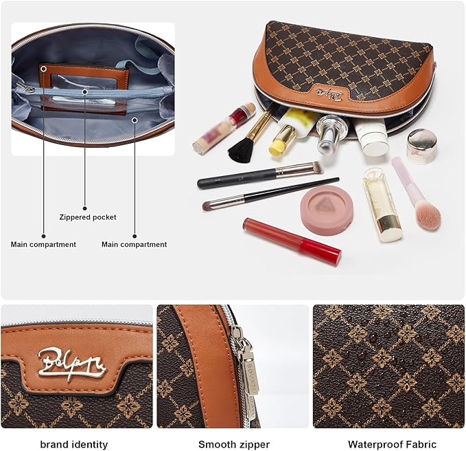 BOYATU Small Travel Makeup Bag for Women: Elegant Vegan Leather Cosmetic Pouch for Purse - Waterproof Toiletry Bag with Mirror(010-coffee)